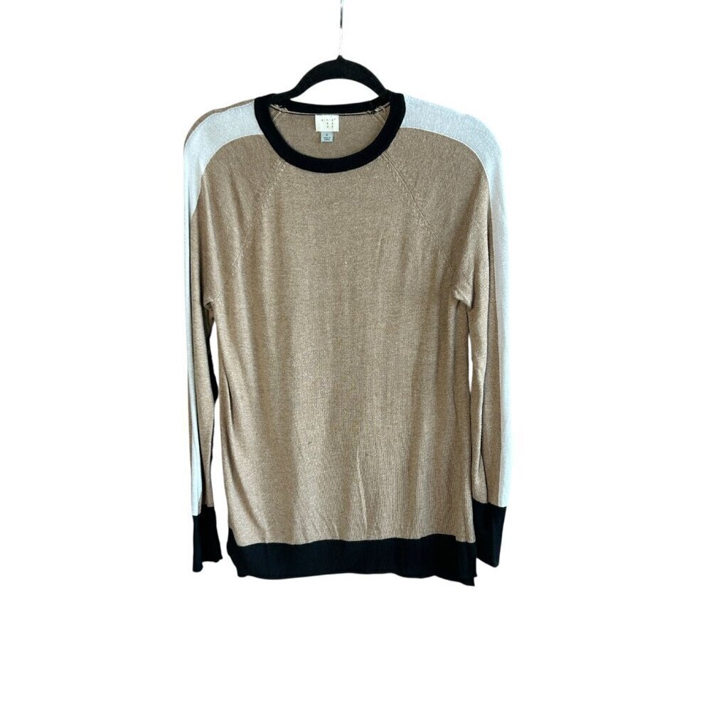 A New Day Tan and Black White Shoulder Stripe Crew Neck Sweater Size Small